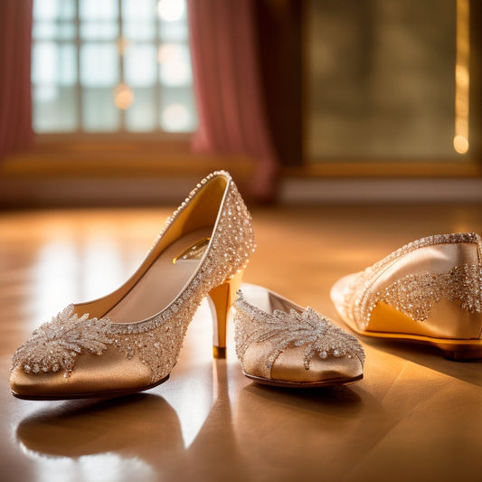 A pair of elegant, shiny satin ballroom shoes with intricate rhinestone embellishments, resting on a polished dance floor, surrounded by soft, warm lighting that highlights their craftsmanship and grace.