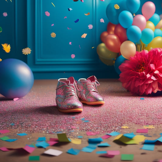 A whimsical illustration featuring a dance floor with confetti and balloons, surrounded by colorful sticky notes, flowers, and a few scattered dance shoes, with a subtle sparkle effect.