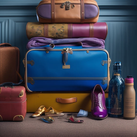 A colorful, clutter-free image depicting a dancer's luggage, open to reveal neatly organized, sparkling dance costumes, shoes, and accessories, with a subtle cityscape or theater background.