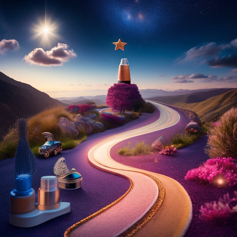 An illustration of a winding road lined with beauty-themed milestones, such as a hair dryer, scissors, and makeup brushes, leading to a bright, shining star symbolizing success.