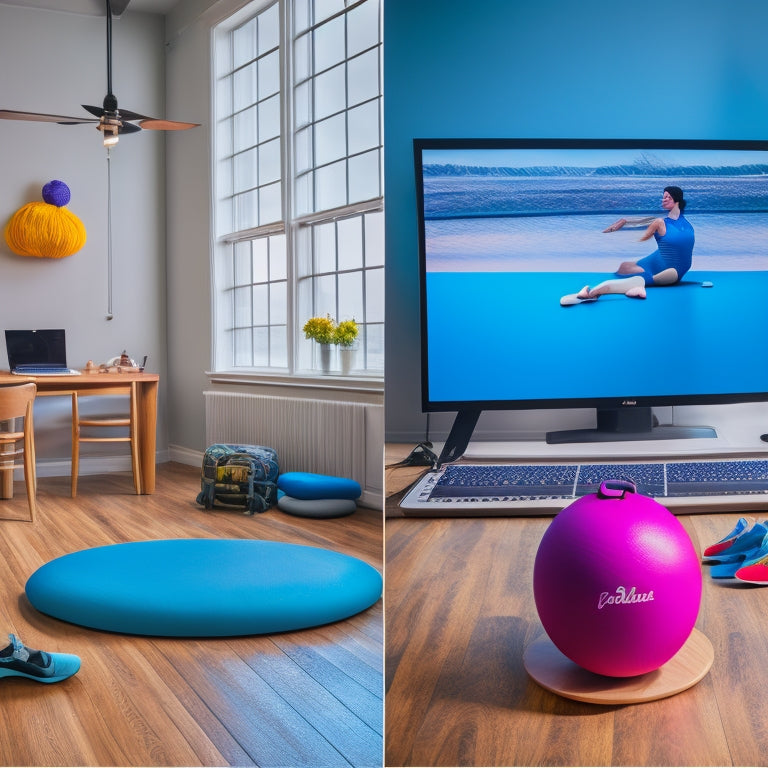 A bright, colorful dance studio with a wooden floor, mirrors, and a ballet barre. A laptop on a nearby table displaying a dance class, surrounded by dance shoes and a few comfortable pillows.