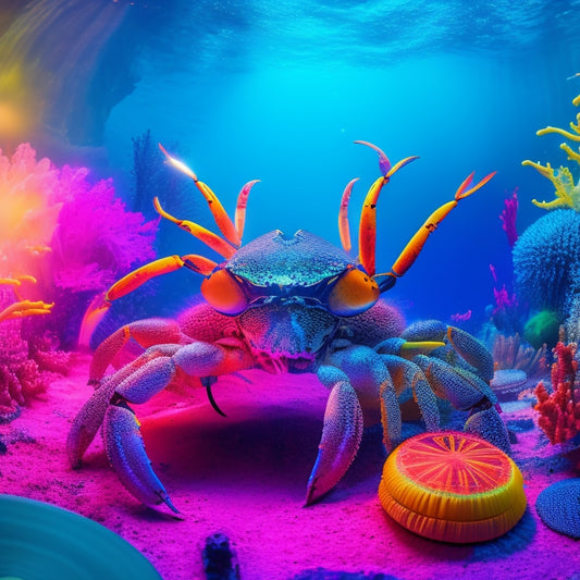 A psychedelic underwater scene: a giant crab wearing sunglasses and a DJ headset, surrounded by pulsing neon coral and seaweed, amidst a swirl of colorful rave lights and spinning records.