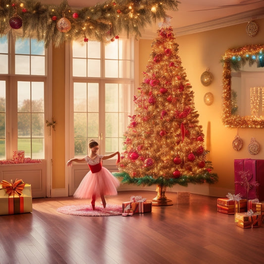 A warm, golden-lit dance studio with festive decorations, adorned with a sparkling Christmas tree, surrounded by dancing shoes, tutus, and colorful dance attire, with a few wrapped gifts in the corner.