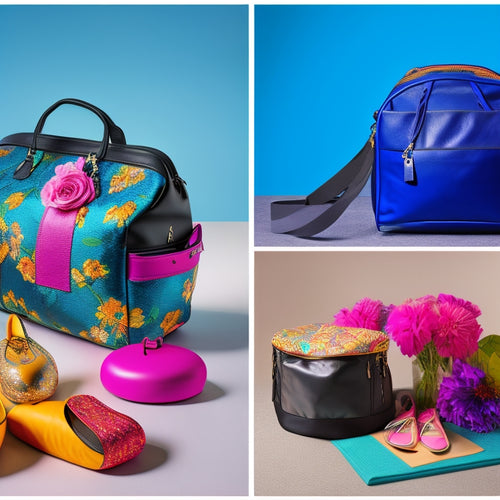 A vibrant collage of diverse dance bags: a sleek black leather bag, a colorful duffel with floral patterns, a chic tote with ballet slippers, and a durable backpack, all against a soft, textured dance studio floor.