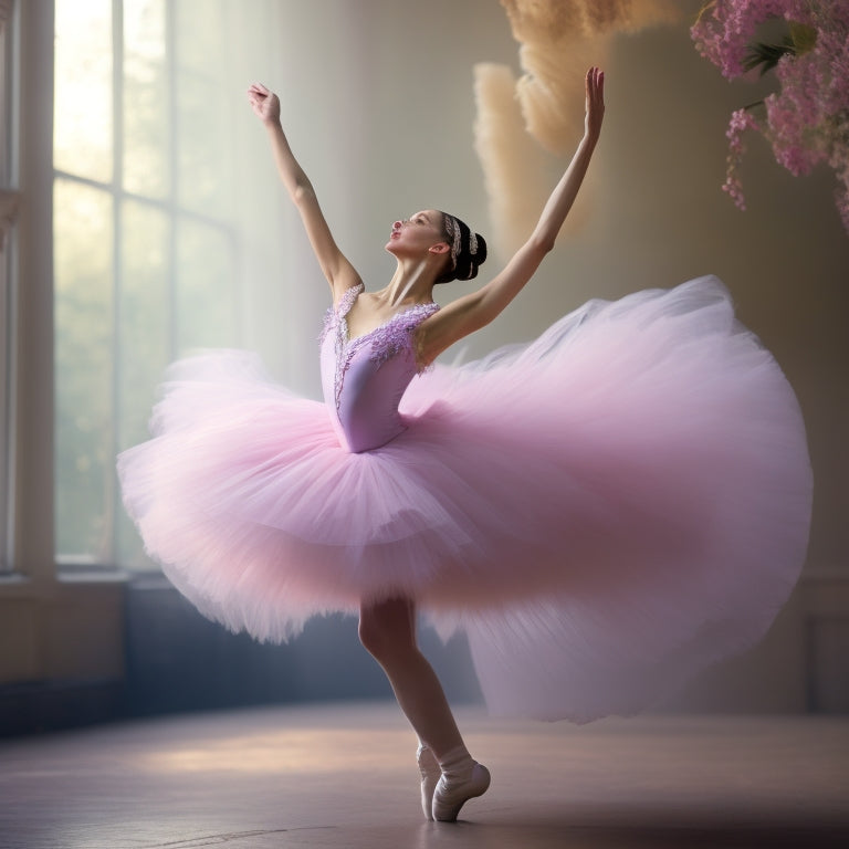 A delicate, ethereal ballerina stands en pointe, surrounded by soft, feathery brushstrokes and whispers of pale pink and lavender hues, set against a creamy, dreamy background.