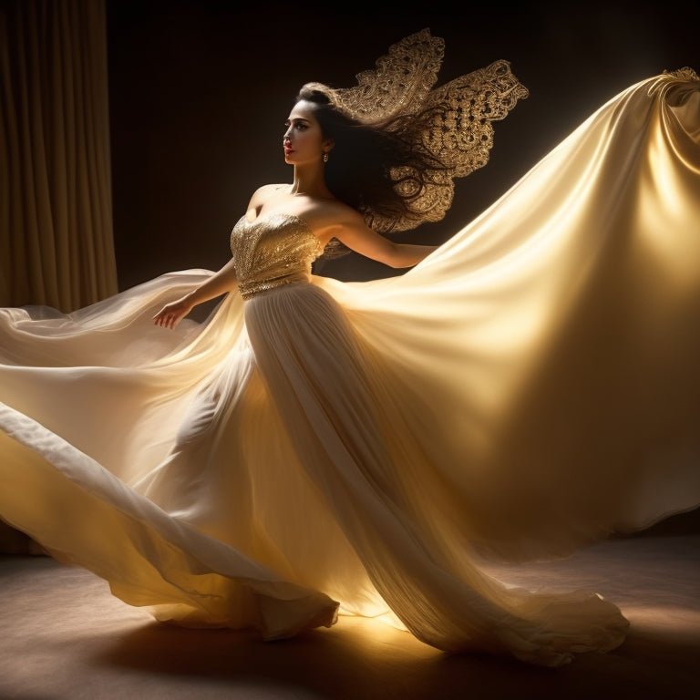 A stunning, ethereal image of Yasmin Al-Asuan in mid-leap, surrounded by a whirlwind of flowing silk fabrics, with warm golden lighting and subtle, shimmering stage lights.