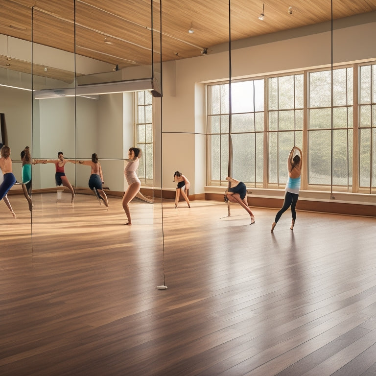 A serene dance studio with a wooden floor, mirrored walls, and a few dancers in various poses, surrounded by props like resistance bands, exercise balls, and a first-aid kit.