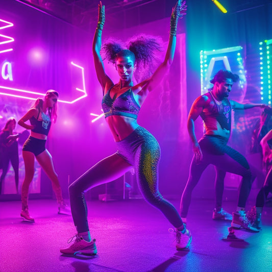 A vibrant, neon-lit dance studio with a bold, graffiti-covered backdrop, surrounded by mirrors and dance equipment, featuring a confident dancer in a flashy outfit, striking a dynamic pose.