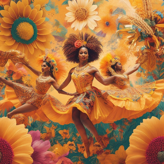 A whimsical illustration featuring a diverse group of dancers in various vibrant costumes, surrounded by swirling patterns of colorful flowers, musical notes, and abstract shapes, set against a bright, sunny yellow background.