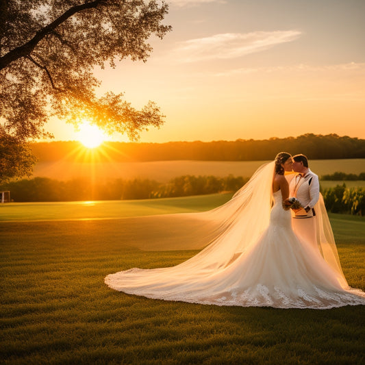 A serene, sunset-lit landscape of Childress Vineyards, with a delicate, lace-trimmed wedding veil gently blowing in the breeze, surrounded by lush greenery and majestic oak trees.