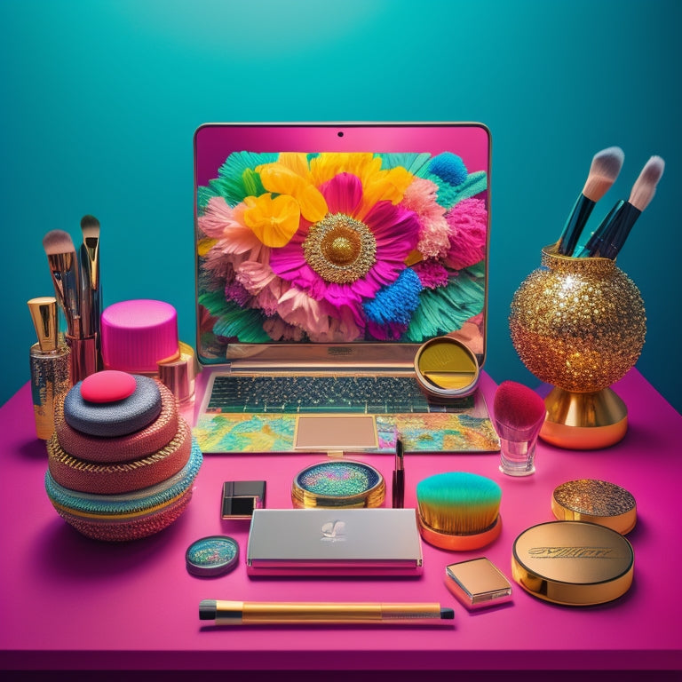 A colorful, whimsical illustration of a dancer's vanity, surrounded by makeup brushes, mirrors, and cosmetic products, with a laptop and smartphone displaying online resources in the background.