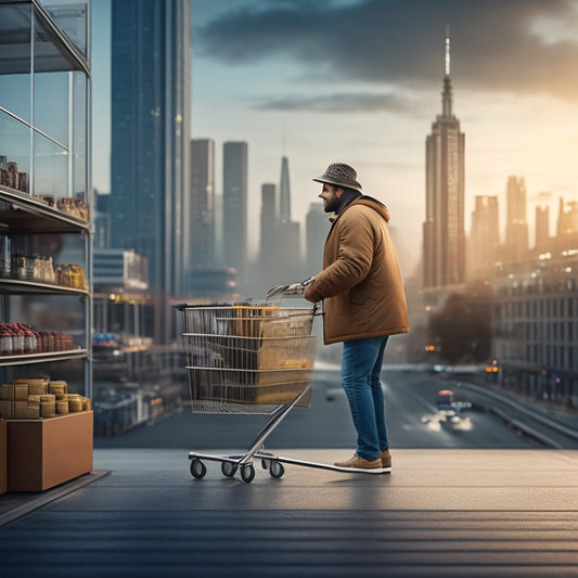 An illustration of a person standing in front of a sleek, modern shopping cart with gleaming metal wheels, surrounded by neatly organized products and a subtle cityscape in the background.