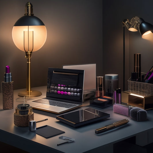 A glamorous, glowing makeup station with a laptop and various beauty tools, surrounded by inspirational makeup looks on a mood board, set against a sleek, modern, dark grey background.