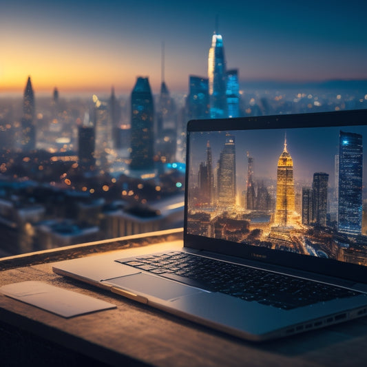 A golden key unlocking a laptop screen, surrounded by subtle, shimmering lights, with a subtle cityscape or global map in the background, symbolizing access to a world of knowledge.