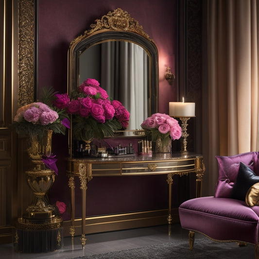 A luxurious, velvet-draped backdrop with a sleek, modern makeup station, adorned with high-end products and precision tools, surrounded by elegant, candelabra-style lighting and a few, strategically-placed, exquisite flowers.