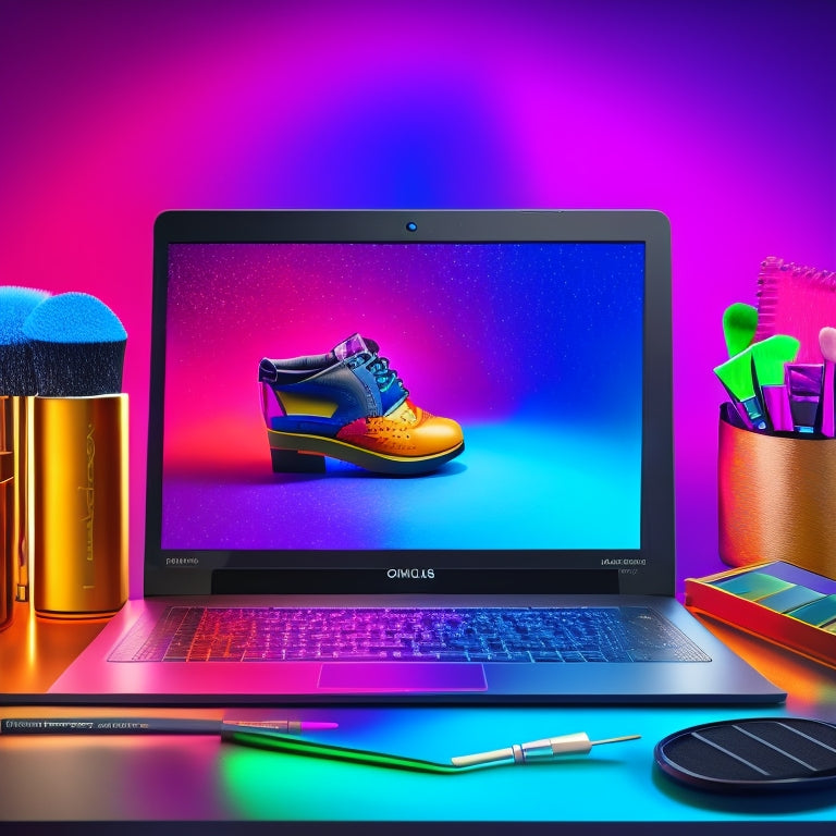 A colorful illustration featuring a laptop screen displaying a virtual dance studio, surrounded by makeup brushes, mirrors, and dancing shoes, with a subtle sparkle effect.