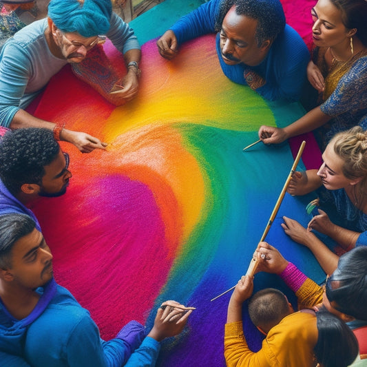 Vibrant colors swirl around a diverse group of people gathered around a large, communal canvas, brushes and art supplies scattered, as they collaborate and bring their unique perspectives to life.