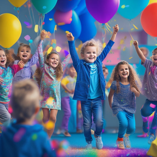 A vibrant, colorful illustration of happy kids (ages 6-12) in a virtual dance studio, surrounded by laptops and tablets, dancing in various styles, with confetti and balloons in the background.