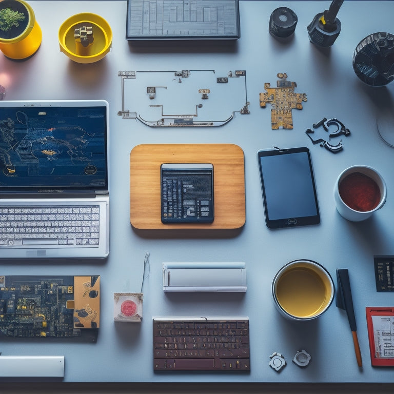 A minimalist digital illustration featuring a teacher's desk with a laptop, tablet, and smartphone, surrounded by stylized icons of gears, charts, and puzzle pieces, amidst a subtle background of circuit boards.