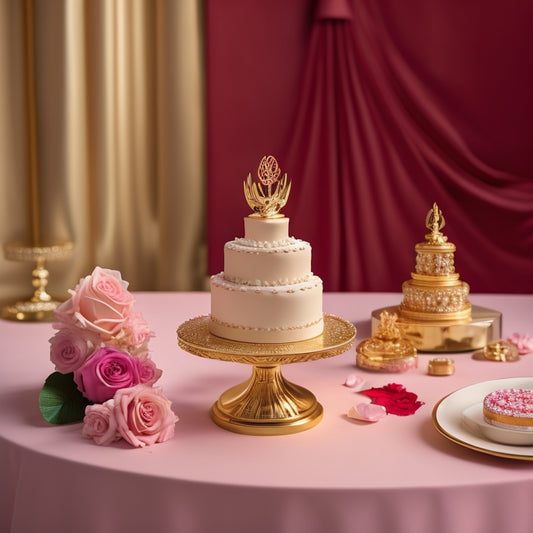 A glamorous red carpet unfurls before a gleaming gold Emmy statuette, surrounded by scattered rose petals, a tiara, and a miniature wedding cake, set against a soft, pastel pink background.