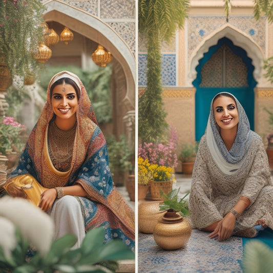 A vibrant, sun-kissed Middle Eastern courtyard scene with intricately patterned tiles, lush greenery, and a fit, smiling woman in a flowing white hijab, mid-movement, surrounded by Persian-inspired props.