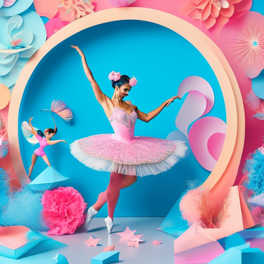 A whimsical illustration of a ballerina surrounded by swirling dance-inspired shapes, Cricut cutting machines, and colorful paper scraps, set against a pastel pink and blue ombre background.