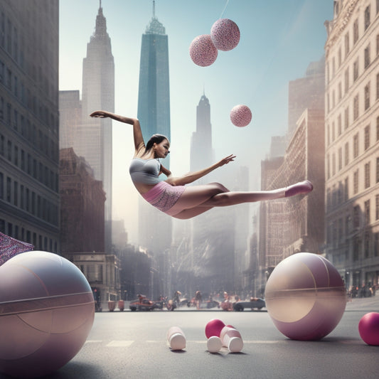 A stylized illustration of a dancer in motion, surrounded by scattered sheets of music, dance shoes, and a few strategically placed exercise balls, with subtle hints of a cityscape in the background.