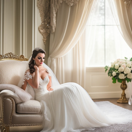 A serene, softly lit bridal boudoir scene featuring a elegant, lace-draped vanity, a champagne flute, and a delicate, beaded wedding veil draped over a plush, velvet armchair.