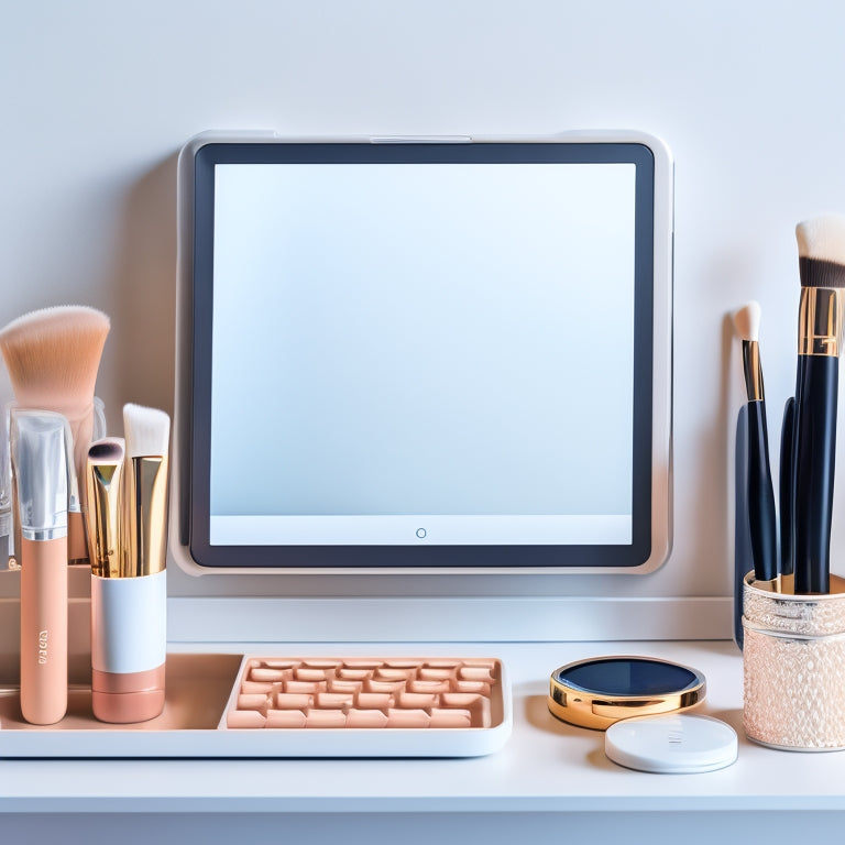 A minimalist, modern makeup station with a sleek digital tablet displaying a digital makeup organizer app, surrounded by neatly arranged makeup brushes, compacts, and palettes on a clean, white surface.