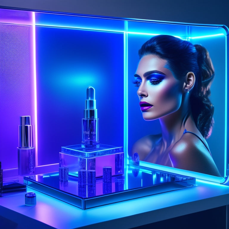 A futuristic, high-tech vanity with neon lights reflecting off its sleek surface, surrounded by sparkling makeup products and a tablet displaying a 3D model of a dancer's face.