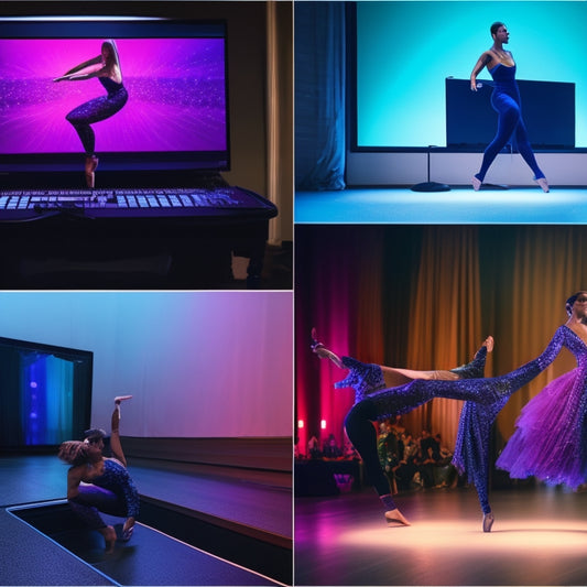 A split-screen image: a dance studio with a performer in mid-air, surrounded by mirrors and a dark floor, contrasted with a laptop screen displaying a video editing software interface with colorful timelines and editing tools.