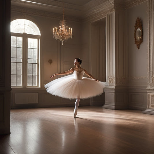 A serene, dimly lit room with a wooden floor, a ballet barre attached to a wall, and a lone dancer in a flowing white tutu, executing a perfect arabesque.