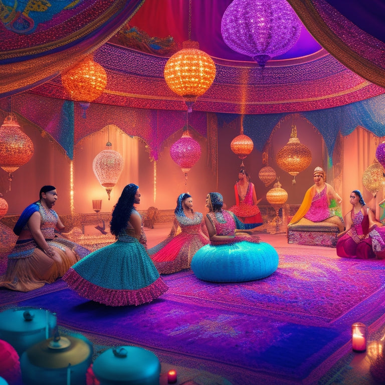 A whimsical illustration of a virtual belly dance studio, with dancers of diverse ages and skin tones gathered around a glowing, intricately patterned carpet, surrounded by fluttering silk fabrics and sparkling Middle Eastern-inspired lanterns.