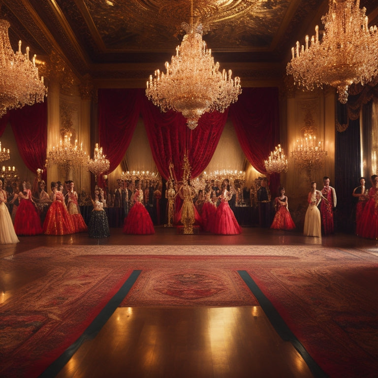 A lavish, golden-hued ballroom scene featuring ornate mirrors, chandeliers, and a polished wooden floor, where elegantly dressed dancers in 17th-century attire move in harmony, surrounded by lush, crimson drapes.