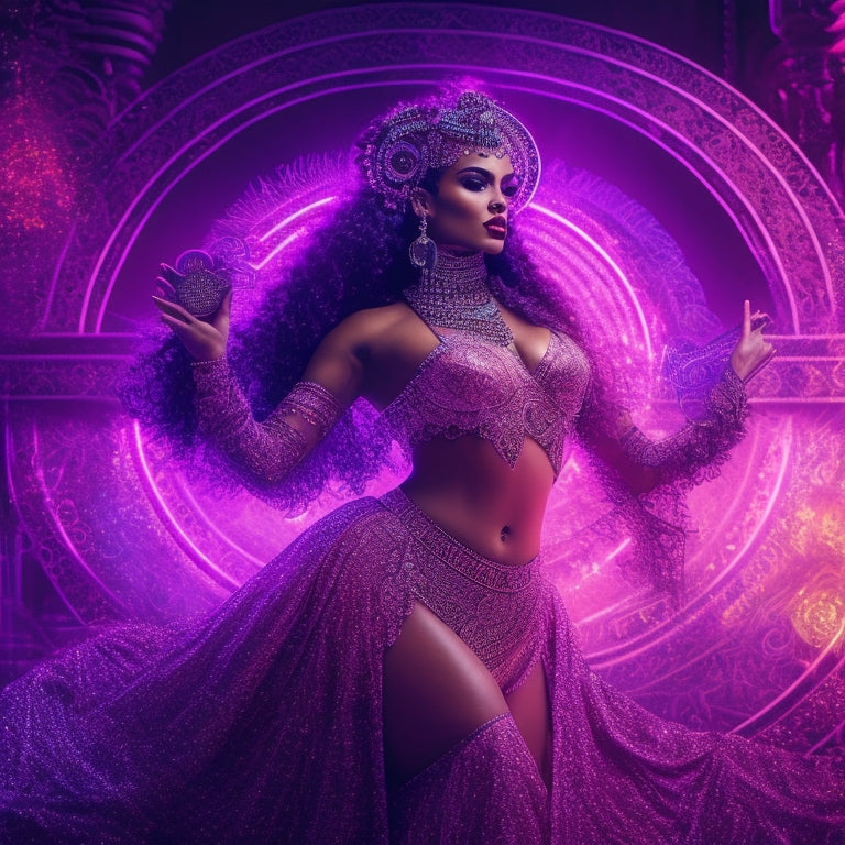 A whimsical illustration featuring a belly dancer surrounded by swirling patterns of digital code, gears, and cogs, with a subtle glow of neon lights in shades of pink and purple.