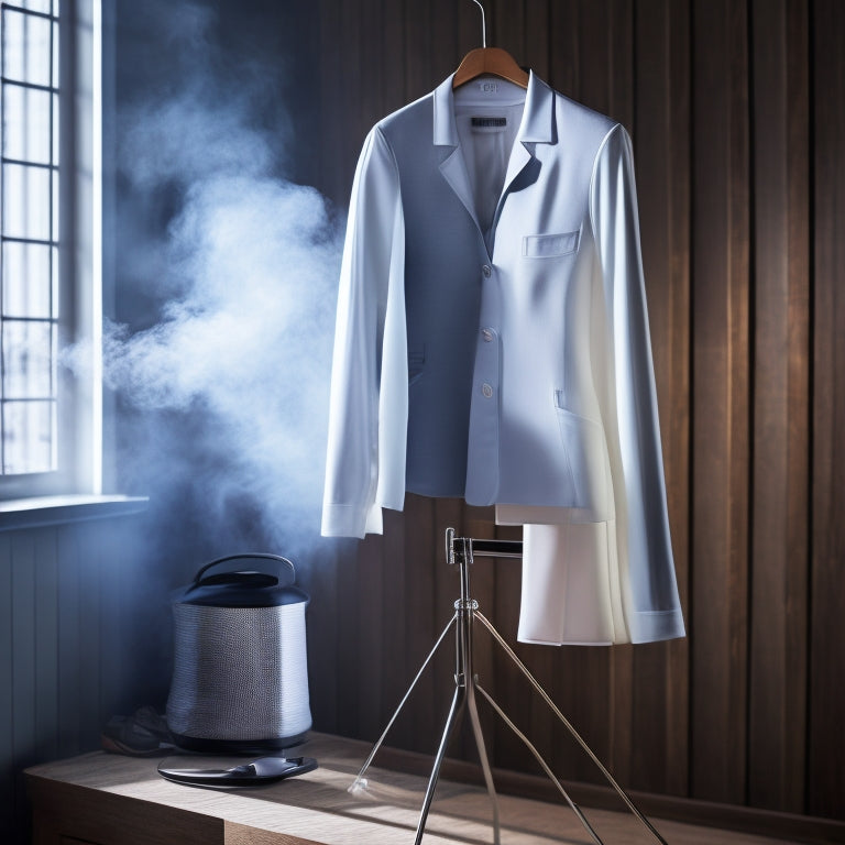 A sleek garment steamer glides smoothly over a crisp white shirt, steam billowing elegantly, with a backdrop of a neatly organized wardrobe filled with vibrant, wrinkle-free clothing hanging on wooden hangers.