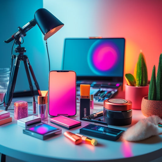 A stylized, modern desk with a ring light, smartphone, and a makeup artist's kit, surrounded by colorful makeup products, with a subtle, blurred background of a beauty vlogger recording a tutorial.