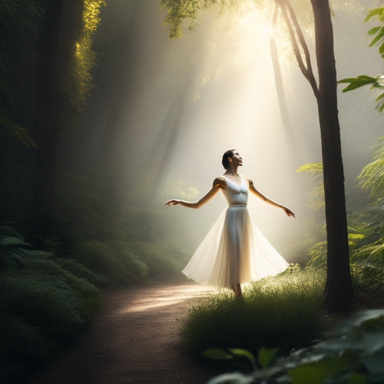 A serene, minimalist illustration featuring a dancer in a peaceful environment, surrounded by lush greenery, with gentle light beams illuminating their flowing movements, conveying harmony and balance.