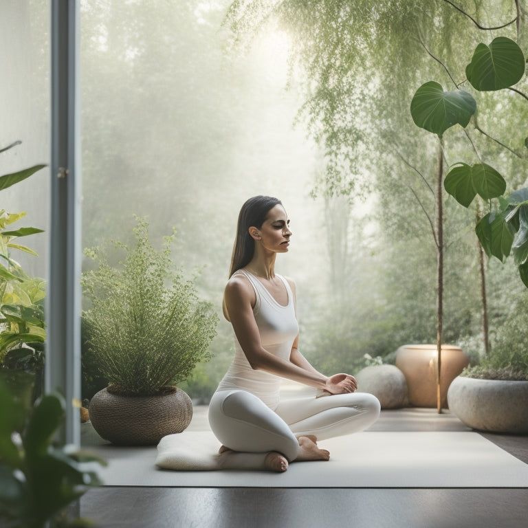 A serene, minimalist background with a slender, flexible woman in her mid-30s, dressed in comfortable, flowing attire, performing a gentle, flowing yoga pose, surrounded by calming plants and soft, warm lighting.