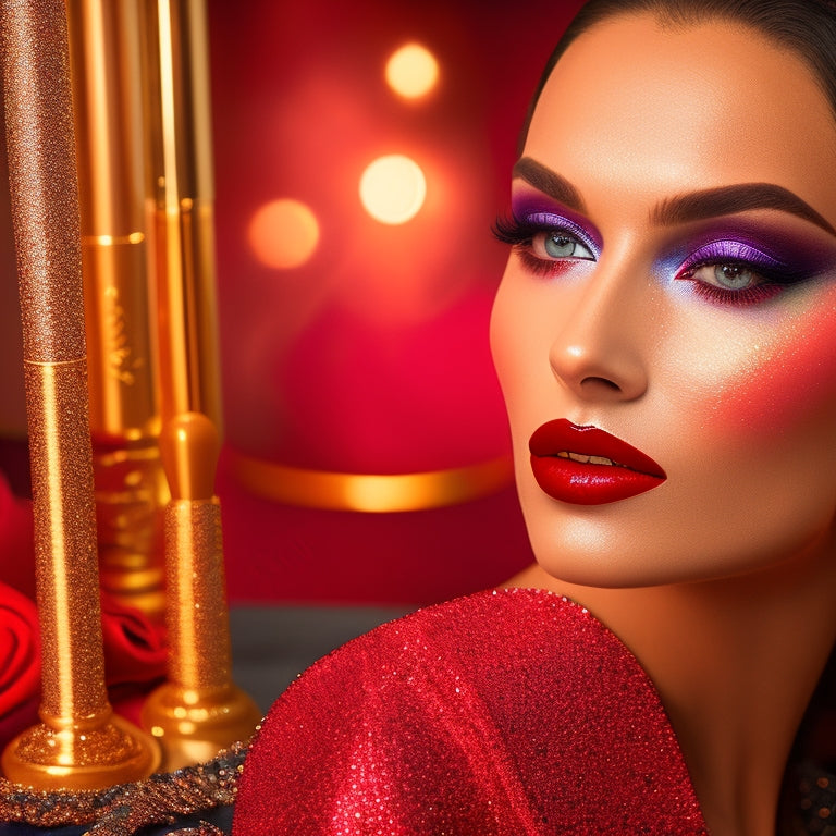 A glamorous woman with flawless, airbrushed skin, bold red lips, and dramatic eye makeup, posing in front of a sparkling gold backdrop, surrounded by makeup brushes and luxurious velvet drapes.
