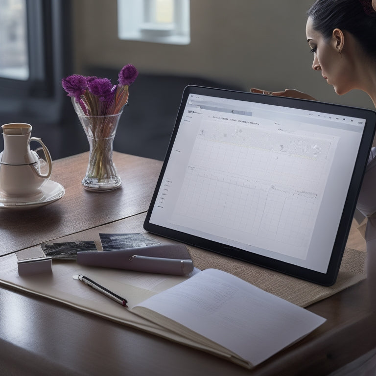 A minimalist, elegant illustration of a ballet dancer in a studio, surrounded by organized notes, pens, and a digital tablet displaying a weekly planner, with subtle ballet-inspired patterns in the background.