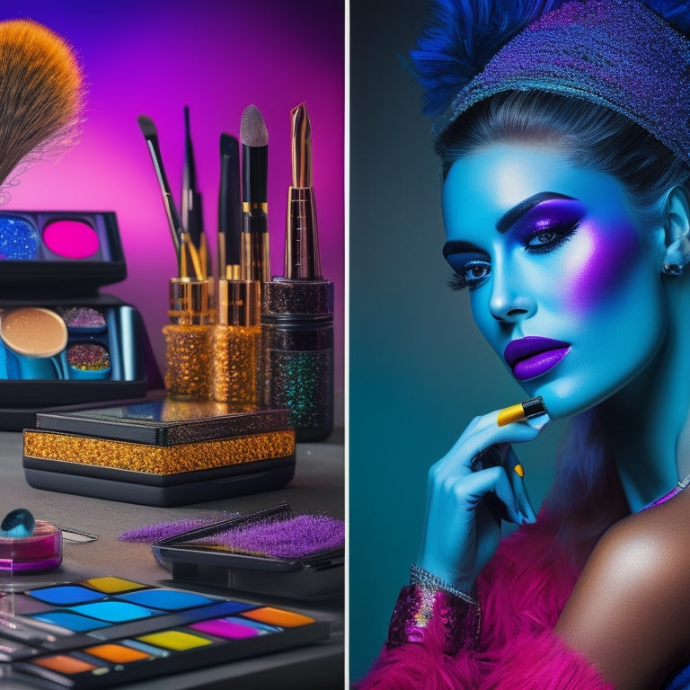 A vibrant, colorful image featuring a split-screen comparison: a cluttered, messy makeup station on the left, and a sleek, organized digital dance makeup bundle on the right with gleaming makeup brushes and products.