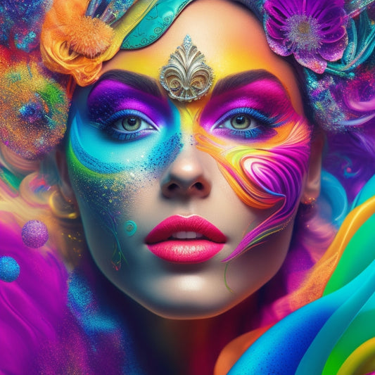 A colorful, whimsical illustration featuring a dancer's face with swirling, abstract makeup designs, surrounded by digital tablets, paintbrushes, and vibrant, swirling patterns, blending digital and artistic elements.