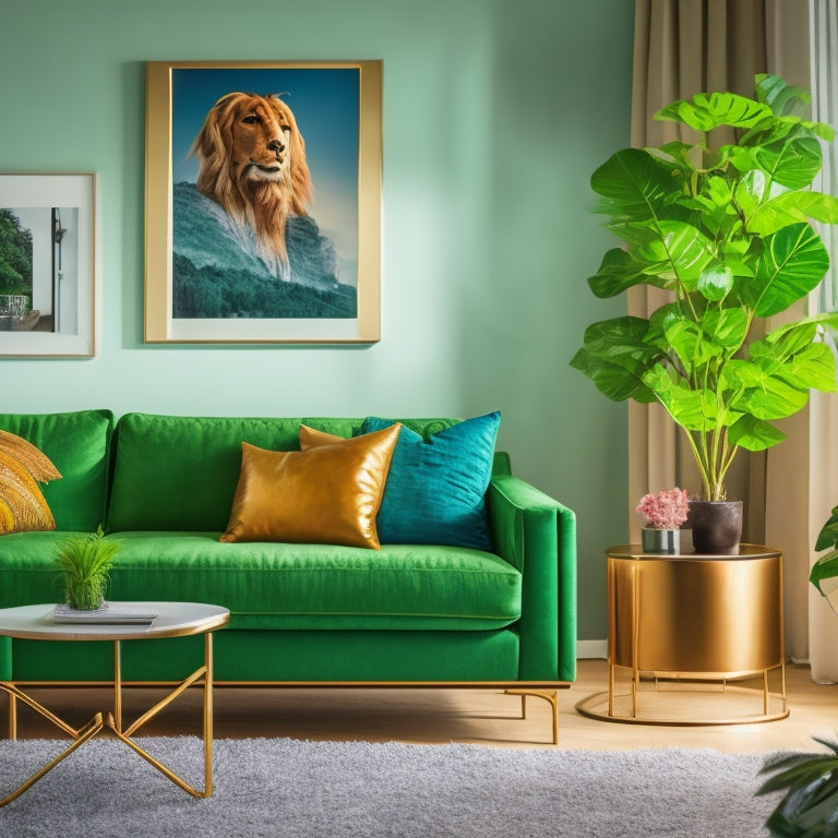 A vibrant, modern living room with a large, golden Nataraj art print on a white wall, surrounded by sleek furniture, lush green plants, and warm, soft lighting.