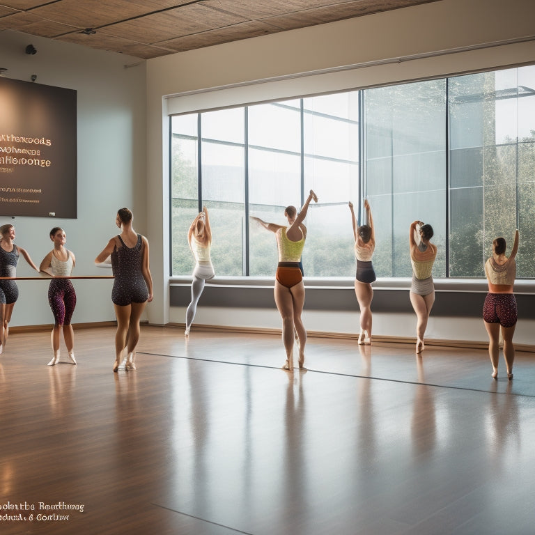 A bright, modern dance studio with a large mirror, wooden floor, and a few dancers in various poses, surrounded by inspirational quotes and dance-themed decorations, with a subtle spotlight effect.