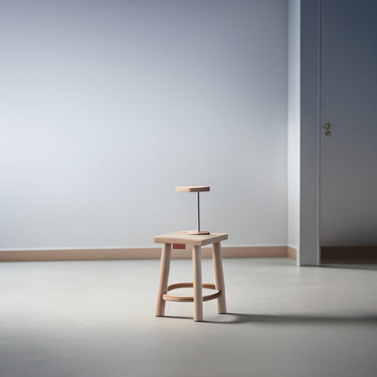 A minimalist illustration of a step stool standing upright on a flat surface, with one leg slightly lifted off the ground, as if balancing, surrounded by subtle, blurred workshop tools.