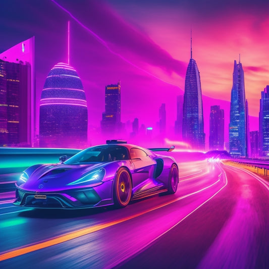 A neon-lit, retro-futuristic cityscape at dusk, with a sleek, chrome-plated sports car speeding away from a towering, neon-encrusted skyscraper, amidst a swirl of purple and pink mist.