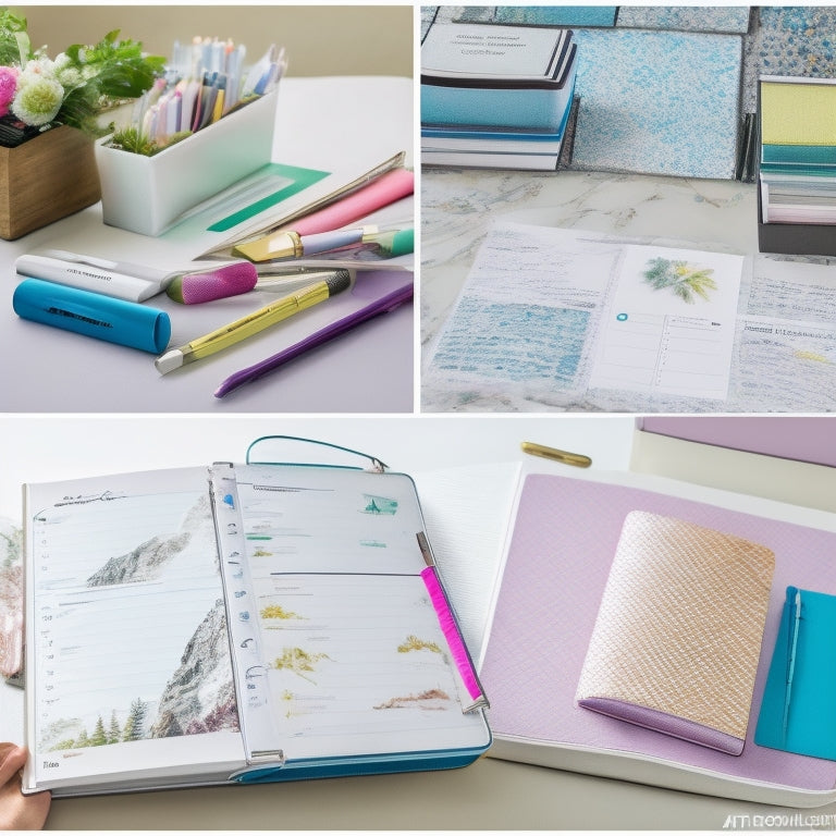 A split-screen image featuring a cluttered, crumpled desk on the left, with scattered papers and pens, contrasted with a tidy, organized workspace on the right, with a marble-inspired planner opened to a colorful, artfully designed page.