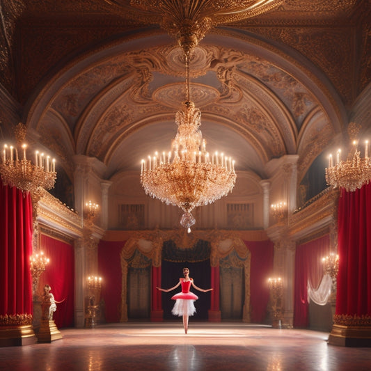 A grand, ornate theater with a golden chandelier, red velvet curtains, and a polished wooden floor, featuring a lone ballerina in a white tutu, en pointe, spotlight shining down.