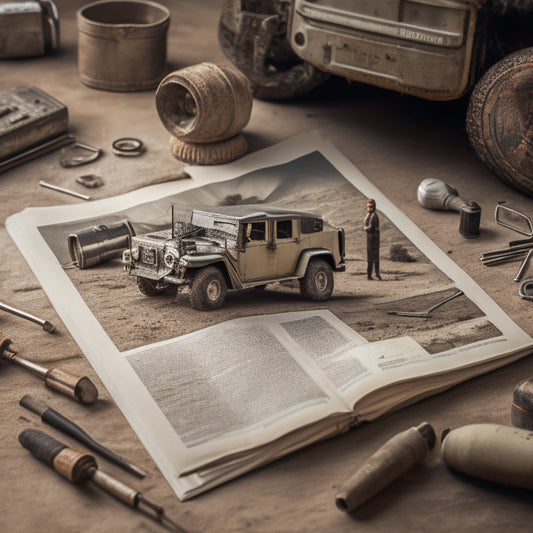 A close-up of a worn, well-loved 100 Series repair manual, surrounded by scattered tools and parts, with a faint outline of a Land Cruiser in the background.